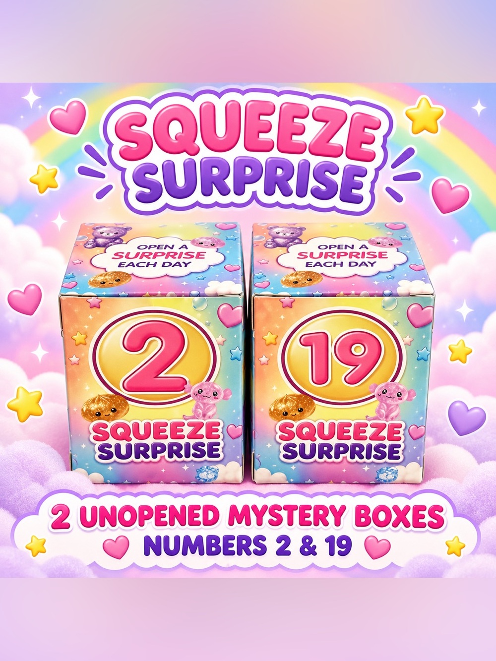 SQUEEZE SURPRISE MYSTERY SQUISHY TOYS – TWO UNOPENED BOXES #2 & #19